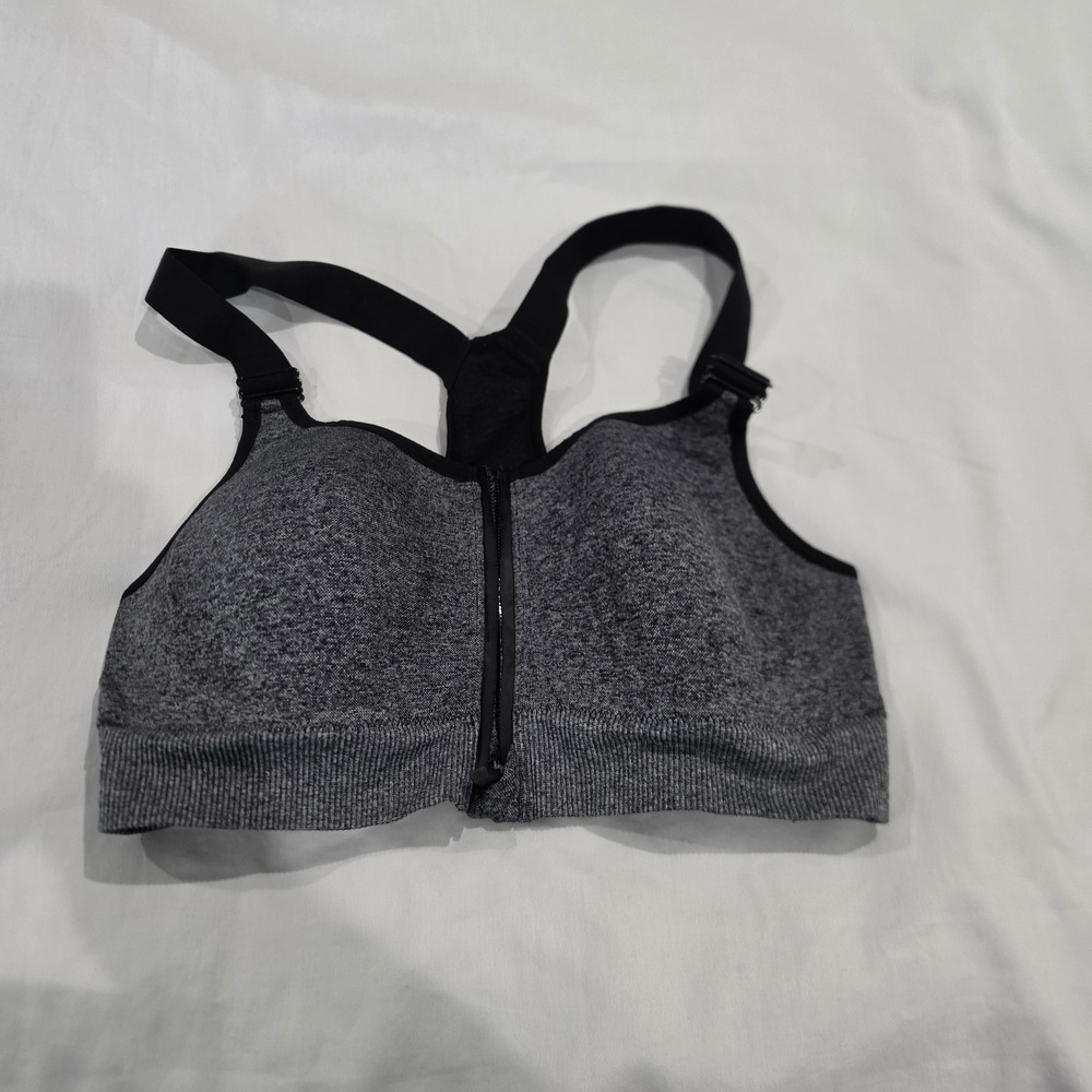 PINK Sports Bra Womens M Gray Excellent Front Zip Racerback Marled Knit